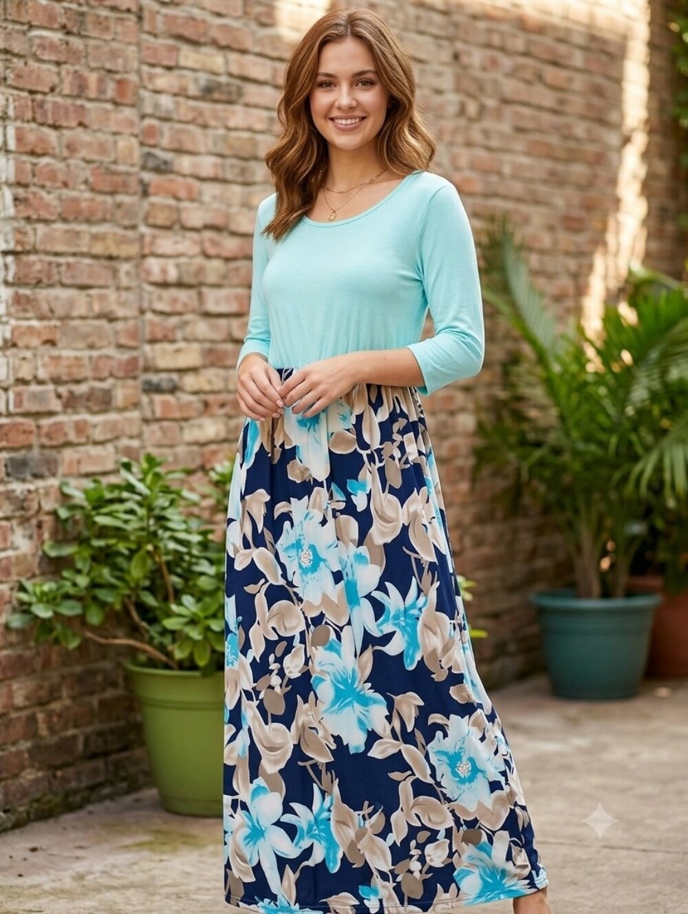Floral Scoop-Neck‎ Maxi Dress in Aqua and Navy
